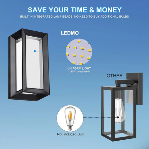 Comparison of LED vs non-LED Outdoor Wall Light Set 1800 Lm 6000K Modern Black Exterior Porch Lights Built Tough Waterproof