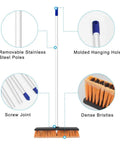 Heavy Duty 18 Inch Push Broom Long Handle Dual Bristle Gear For Concrete Garage Warehouse And Driveway Cleanup Shop Floor Workhorse with removable stainless steel poles.