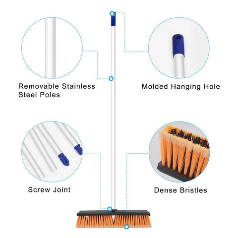 Heavy Duty 18 Inch Push Broom Long Handle Dual Bristle Gear For Concrete Garage Warehouse And Driveway Cleanup Shop Floor Workhorse with removable stainless steel poles.