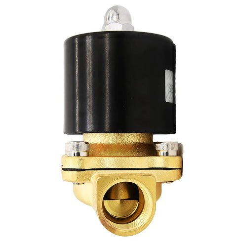 Front view of Half Inch Brass Electric Solenoid Valve 110V AC For Water Air Gas Fuel Oil, Normally Closed, Model 2W160-15