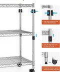 Heavy Duty 3 Tier Wire Shelving Cart With Smooth Rolling Wheels, Adjustable Chrome Steel Storage Rack assembly instructions with clips and wheels.