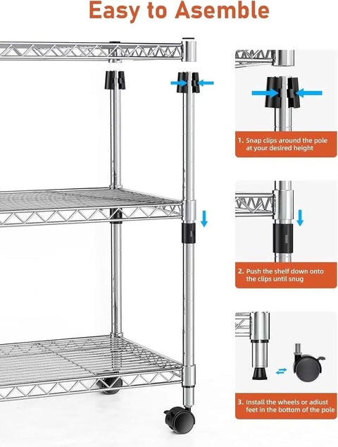 Heavy Duty 3 Tier Wire Shelving Cart With Smooth Rolling Wheels, Adjustable Chrome Steel Storage Rack assembly instructions with clips and wheels.