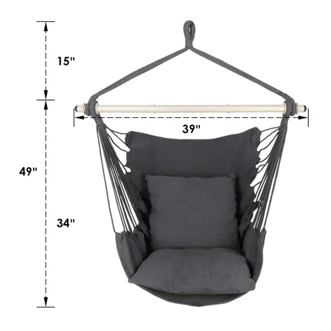 Hammock Chair Hanging Rope Swing With Steel Spreader Bar Anti Slip Rings Handles Up To 500 Lbs Includes Two Cushions Indoor Or Outdoor Use Weatherproof Gray Chill Comfort For Porch Patio Backyard