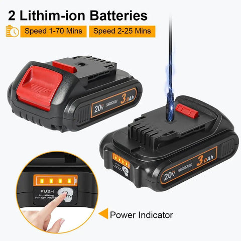 Two 20V 3Ah lithium-ion batteries and charger for Cordless Leaf Blower With DeWalt 20V Battery 200 CFM Variable Speed
