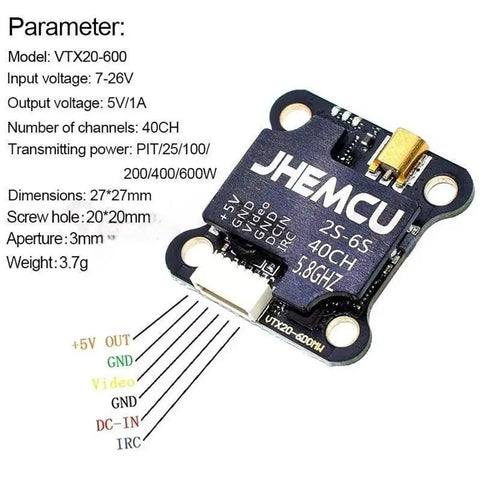 Ultra Light 40CH FPV Transmitter With 20x20mm Mount, Adjustable 25-600mW VTX, 7-26V Power, Clean Signal For JHEMCU VTX