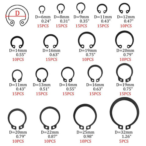 225Pcs 18 Sizes Alloy Steel Circlip Snap Ring External Retaining Clamps Ring Washer Assortment Kit 6 To 32mm Black Built Tough Rust Resistant Fastener DIY Friendly Must Have