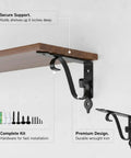 Floating Shelf Bracket For Kitchen And Living Room With Screws, wrought iron wall mount in black, shown with secure support.