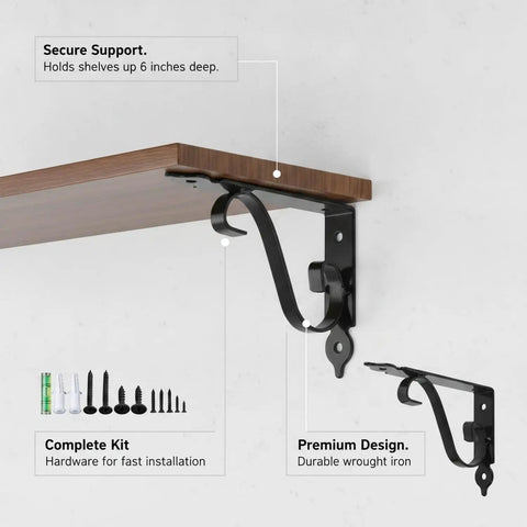 Floating Shelf Bracket For Kitchen And Living Room With Screws, wrought iron wall mount in black, shown with secure support.