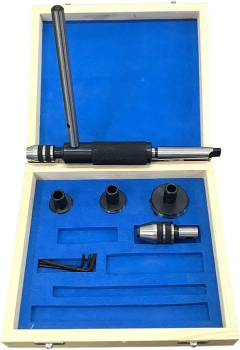 Rock Solid 8-Piece MT2 Morse Taper Lathe Tailstock Tap And Die Holder Kit With Professional Threading Set, Chuck Holders, Knurled Sleeves, Stop Handle And Premium Wooden Box For Serious Machinista Pros. Open wooden box with MT2 lathe tap and die holders