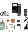 Straight Up Workhorse Mini Electric Belt Sander And Tabletop Polisher With Variable Speed Control components including accessories and manual.
