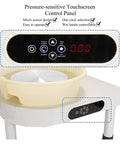 Top Notch 350W Electric Ceramic Pottery Wheel Machine With Aluminum Alloy Turntable And LCD Touch Screen For Beginners DIY Clay Crafting Projects Light Grey Color control panel with touchscreen and buttons for clay shaping.