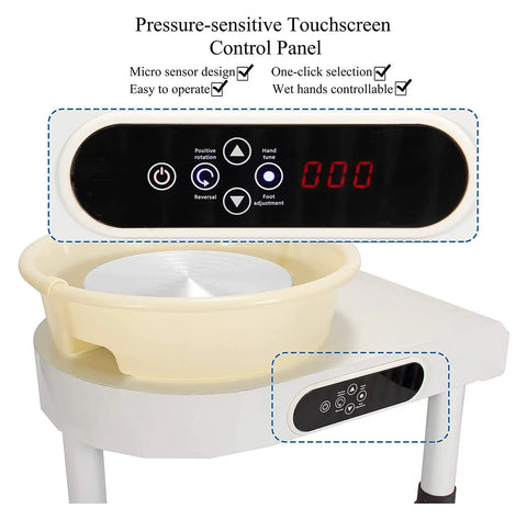 Top Notch 350W Electric Ceramic Pottery Wheel Machine With Aluminum Alloy Turntable And LCD Touch Screen For Beginners DIY Clay Crafting Projects Light Grey Color control panel with touchscreen and buttons for clay shaping.