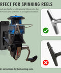 Close-up of Two Piece Wall Mount Fishing Reel Rack Built For Spinning Reels Only, displaying secured spinning reel on wall.