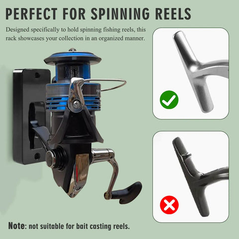 Close-up of Two Piece Wall Mount Fishing Reel Rack Built For Spinning Reels Only, displaying secured spinning reel on wall.