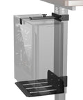Under Desk PC Mount With Slick No Nonsense Clamp For Standing Workspaces That Secures Your CPU Rack Or Computer Tower Zero Drilling Needed While Handling Fifty Pounds On Eighty By Fifty Millimeter Legs, mounted under desk.