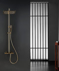 Top Shelf Thermostatic Shower System Wall Mounted Rain Shower Combo Set With 12 Inch High Pressure Shower Head mounted on a wall.