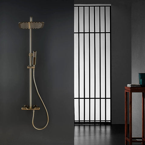 Top Shelf Thermostatic Shower System Wall Mounted Rain Shower Combo Set With 12 Inch High Pressure Shower Head mounted on a wall.