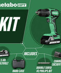 Kit with Beast Cordless Drill 18V One Half Inch Subcompact Brushless Driver, batteries, charger, bits, and carrying case.