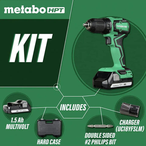 Kit with Beast Cordless Drill 18V One Half Inch Subcompact Brushless Driver, batteries, charger, bits, and carrying case.