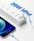 Zero Sweat Smart Power Strip Surge Protector With Six Independently Controlled Outlets, Four USB Ports Including One 20W Type C Rapid Charge, close-up with phone charging.