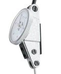 Side view of horizontal dial test indicator with 1.5-inch dial, silver metal body, black contact plunger and screws