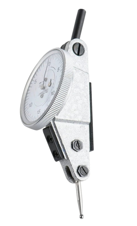 Side view of horizontal dial test indicator with 1.5-inch dial, silver metal body, black contact plunger and screws