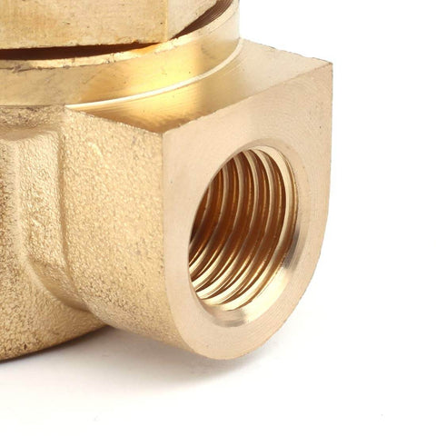 Close-up of brass body on 12V DC Brass Electric Solenoid Valve Normally Open 1/4 Inch NPT For Water Air Diesel 2 Way Go-To Valve