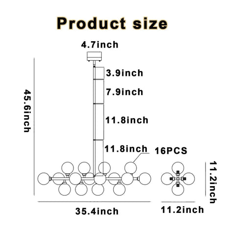 Diagram showing measurements of Four Light Sputnik Chandelier Ceiling Light With Adjustable Arms, 35.4-inch width, 45.6-inch height