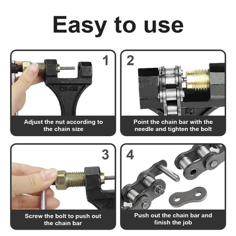 Step-by-step guide using Rugged Chain Breaker Tool For Motorcycles, Bicycles, ATVs And Scooters, Quick Disassembly For 420 to 530 Roller Chains