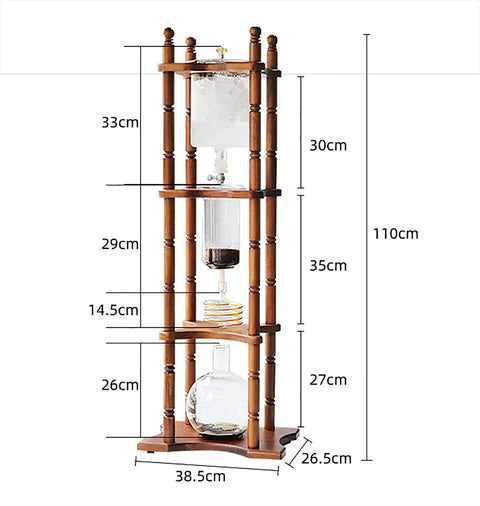 Generous Eighty Four Oz Cold Brew Drip Tower Iced Coffee Maker With Hand Blown Glass Vessel And Solid Wood Base dimensions with measurements