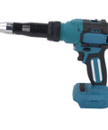Get Your Cordless Rivet Gun With 18V Brushless Motor For Fastening Kit Auto Parts That Fits BL1840 Battery Dual Speed Settings Plus Led Work Light For Steel And Aluminum Jobs, side view with battery