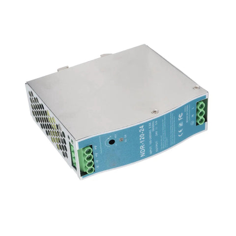 Industrial Power Supply NDR 120 24V 5A 120W Rail Mount Ready, AC Input 100 240V, Built For Heavy Duty Industrial Use and Stable Output That Keeps Your Rigs Running Smooth, metal rail-mount unit with green terminals