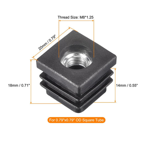 4 Pieces M8 Threaded Tube Inserts For 0.79 By 0.79 Inch Square Tubes Black Plastic End Caps Chair Leg Plugs For Furniture Feet