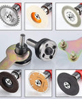 Drill To Angle Grinder Adapter Set With 6mm And 10mm Arbors showing mandrel adapter, flange nuts, spanner wrench with various discs