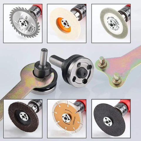 Drill To Angle Grinder Adapter Set With 6mm And 10mm Arbors showing mandrel adapter, flange nuts, spanner wrench with various discs