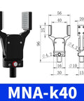 Wideband Magnetic Pneumatic Water Nozzle With Mechanical Arm Mini Fixture Gripper Clamp Model K40, front view and technical drawing