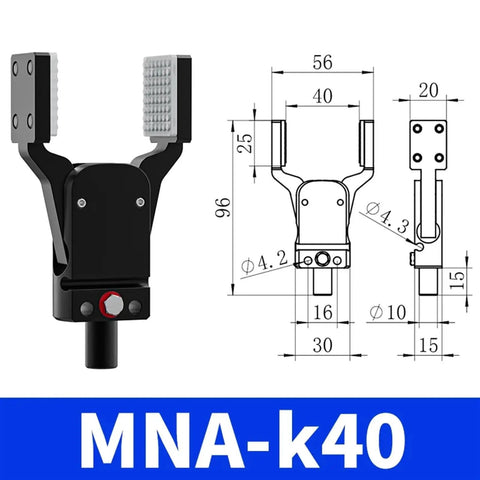 Wideband Magnetic Pneumatic Water Nozzle With Mechanical Arm Mini Fixture Gripper Clamp Model K40, front view and technical drawing