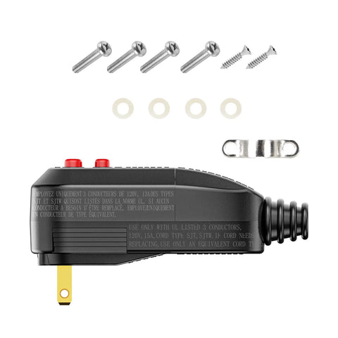 Side view of GFCI Replacement Plug Assembly Auto Reset 15 Amp Two Prongs With 5 Year Warranty, includes screws and washers