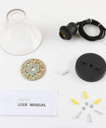 Retro Edison Style Pendant Light With Clear Glass Shade disassembled view with components including E26 base, wires, and user manual.