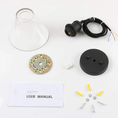 Retro Edison Style Pendant Light With Clear Glass Shade disassembled view with components including E26 base, wires, and user manual.