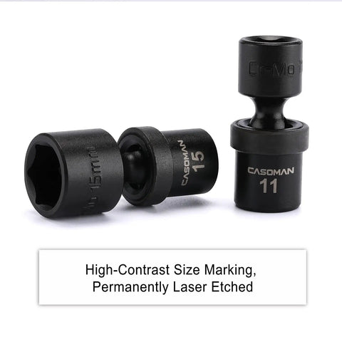 One Quarter Inch Drive Shallow Universal Impact Socket Set 12 Piece Metric 5mm to 15mm Six Point Cr Mo Steel Swivel Socket
