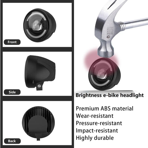 Front Headlight For E Bike With 2 Pin Male Waterproof Connector, High Bright LED Bulb, ABS Material, Side and Front Views