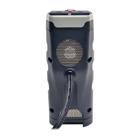Rear view of Slip Right In Road Trip Ready 200 Watt Car Power Inverter with dual AC outlets and USB port.