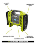 Cordless 18V Dual Function Inflator Deflator Tool with accessory storage, auto shutoff, digital display, and high pressure capability.