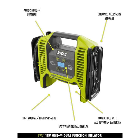 Cordless 18V Dual Function Inflator Deflator Tool with accessory storage, auto shutoff, digital display, and high pressure capability.