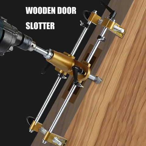Top Tier Door Lock Installation Kit With Heavy Duty Tungsten Steel Cutters And Mortise Hole Saw For Snappy Precise Woodworking Jobs On All Types Of Doors, mounted on wooden door