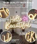 Hello Beautiful Neon Sign For Girl's Room Wall Decor With Dimmer Switch Romantic Neon Light For Weddings Valentine's Day Parties Gifts 12V Warm White With Power Adapter Included, showing details of construction and mounting options.