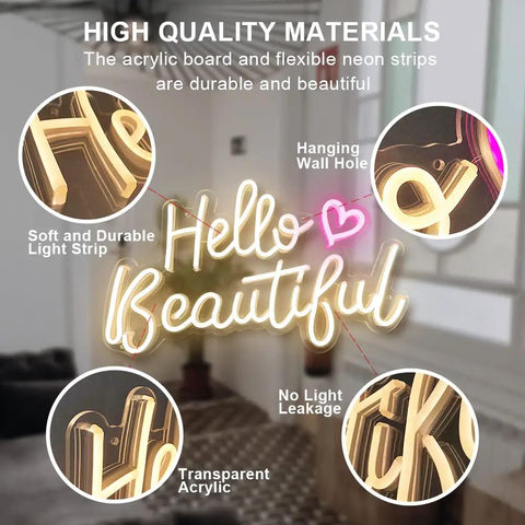 Hello Beautiful Neon Sign For Girl's Room Wall Decor With Dimmer Switch Romantic Neon Light For Weddings Valentine's Day Parties Gifts 12V Warm White With Power Adapter Included, showing details of construction and mounting options.