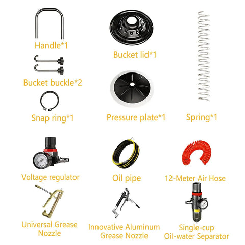 Heavy Duty Pneumatic Grease Pump For Industrial Lubrication components including bucket lid, pressure plate, and air hose.