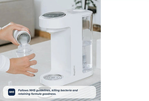 Zero Drama Instant Boiling Water Dispenser And Rapid Chill Formula Preparation Machine for fast baby bottle prepping, user filling bottle.